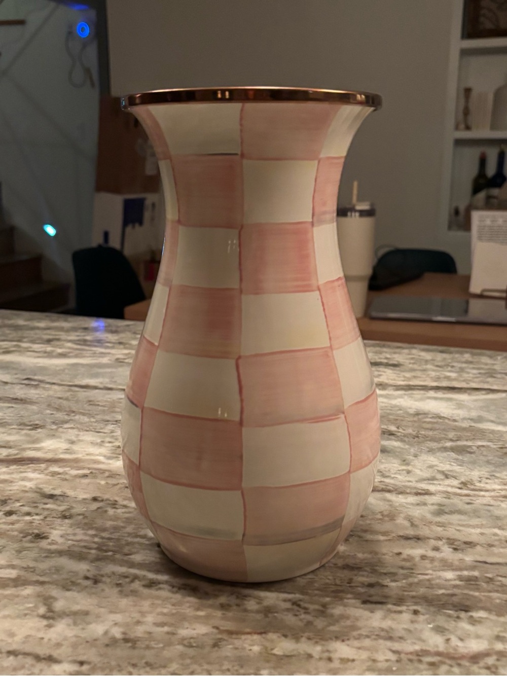 MacKenzie-Childs Pink and Cream Check Vase with Gold Rim